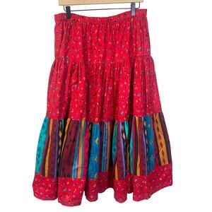 Out West Tiered Maxi Skirt Red Colorful Southwestern Pattern Circle Skirt Sz M-L